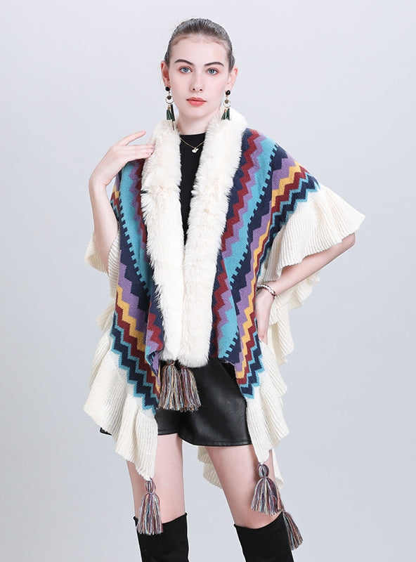 Colored Striped Scarf Fur Ball Shawl Cloak