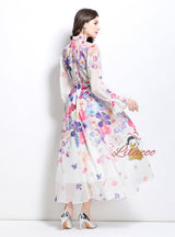 Lantern Sleeve Printed Chiffon Shirt+Skirt Suit