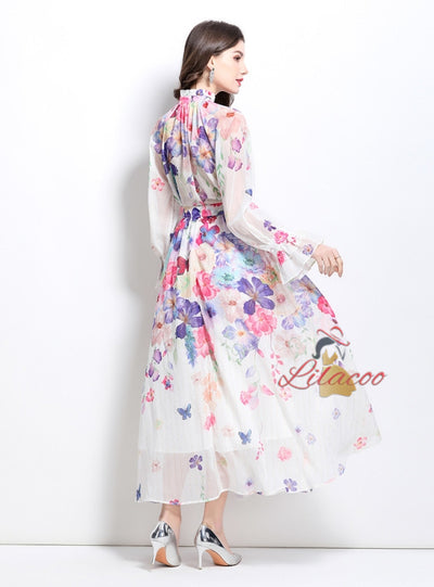 Lantern Sleeve Printed Chiffon Shirt+Skirt Suit