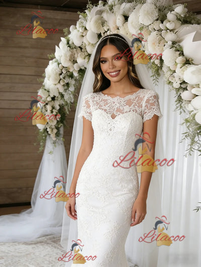 White Mermaid Lace Short Sleeve Wedding Dress