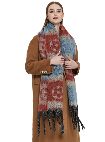 Coarse Tassel Jacquard Flower Scarf