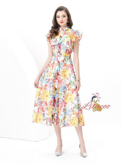 Retro Stand-up Sleeveless Long Printed Dress