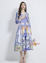Retro V-neck Printed Long Sleeve Dress
