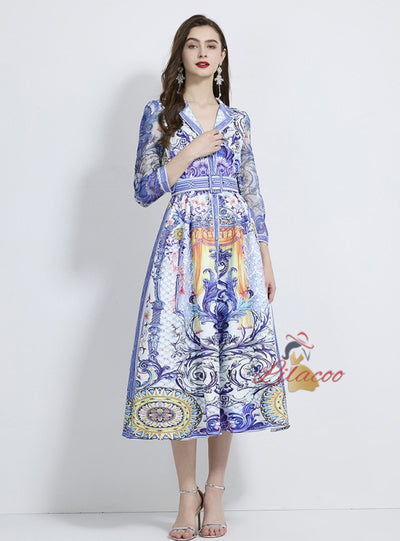 Retro V-neck Printed Long Sleeve Dress