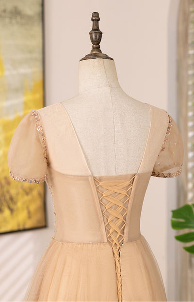 Champagne Tulle Short Sleeve Beading Prom Dress