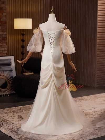Light Champagne Puff Sleeve Flower Wedding Dress