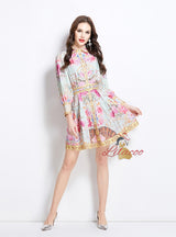 Retro Lapel Breasted Lantern Sleeve Printed Dress