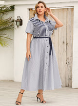 Lapel Striped Short Sleeve Strappy Shirt Dress