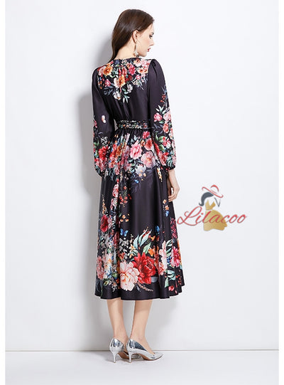 V-neck Lantern Sleeve Printed Dress