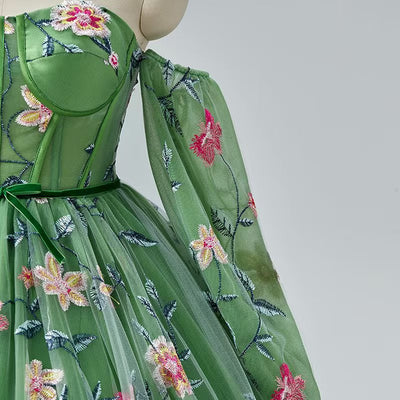 Green Tulle Long Sleeve Embroidery Prom Dress