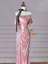 Pink Mermaid Pleats Off the Shoulder Prom Dress