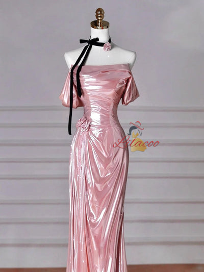 Pink Mermaid Pleats Off the Shoulder Prom Dress