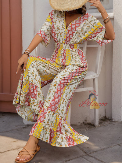 Bohemian Short Sleeve Printed Jumpersuit
