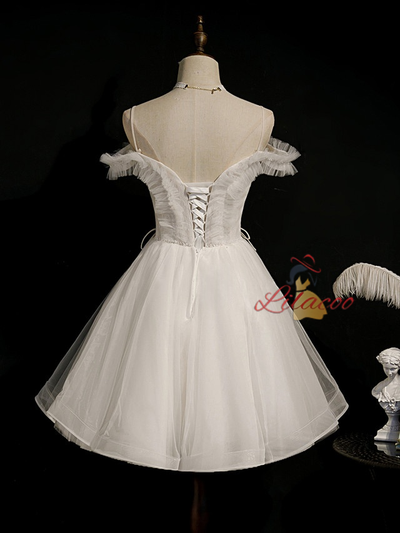 White Tulle Spaghetti Straps Pearls Homecoming Dress