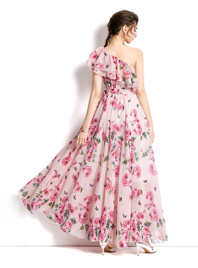 One-shoulder Ruffled Printed Dress