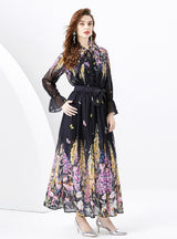 V-neck Wood Ear Ribbon Pleated Printed Dress