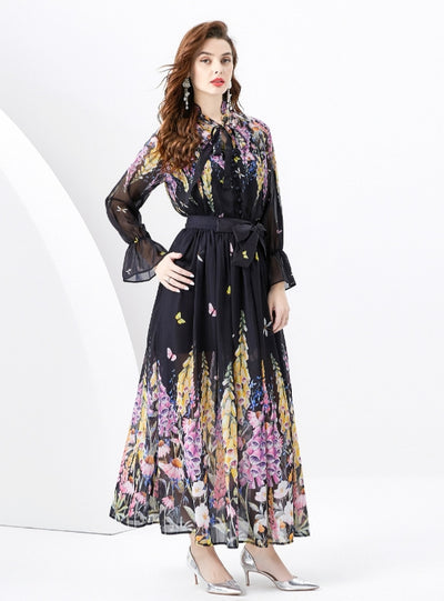 V-neck Wood Ear Ribbon Pleated Printed Dress