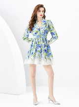 V-neck Lantern Sleeve Wavy Mini Retro Print Dress