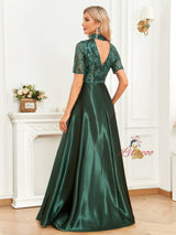 Short Sleeve Satin High Neck Prom Dress