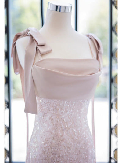 Pink Sequins Straps Prom Dress