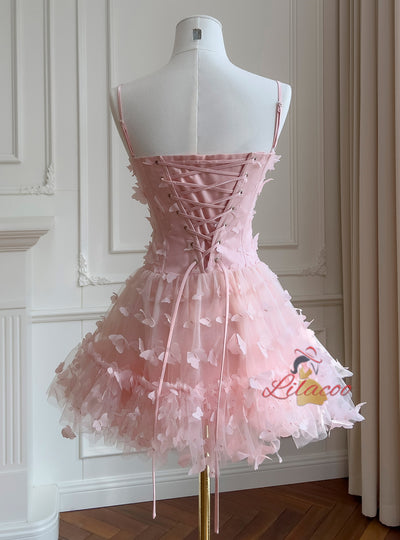 Pink Tulle Butterfly Straps Prom Dress