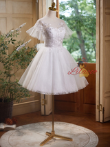White Tulle Lace Appliques Short Sleeve Homecoming Dress