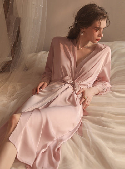 Satin Lace Long Robe Sexy Pajamas