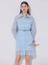 Retro Heavy Lace Lapel Long Sleeve Dress