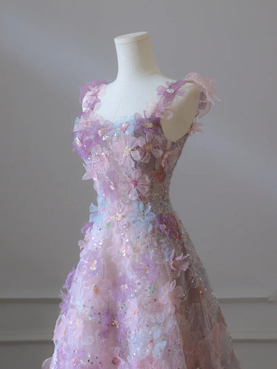Pink Tulle 3D Flower Straps Prom Dress
