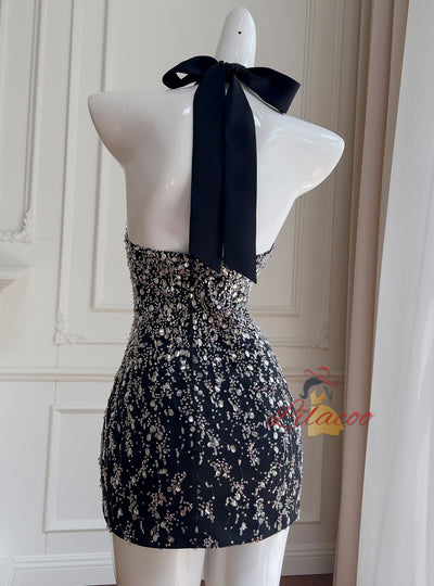 Black Halter Sequins Beading Prom Dress