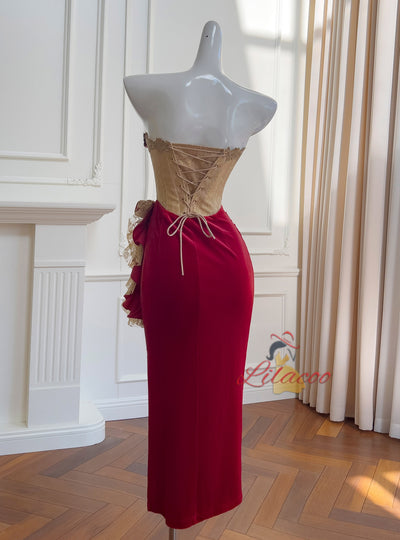 Velvet Lace Straps Pleats Prom Dress