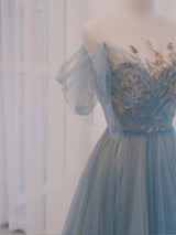 Blue Tulle Pleats Sequins Prom Dress