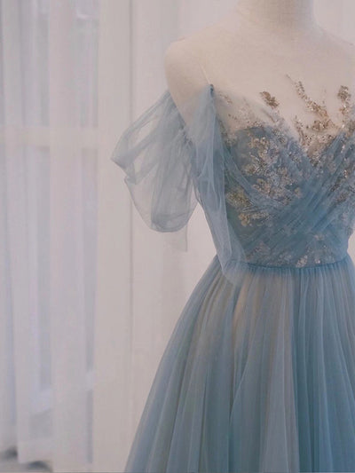 Blue Tulle Pleats Sequins Prom Dress