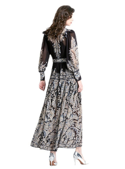 Long-sleeved Lantern Sleeve Printed Dress