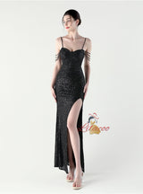 Mermaid Sequins Spaghetti Straps Pleats Beading Prom Dress