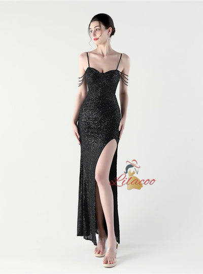 Mermaid Sequins Spaghetti Straps Pleats Beading Prom Dress