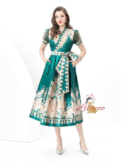 Short-sleeved V-neck Slim Printed Dress