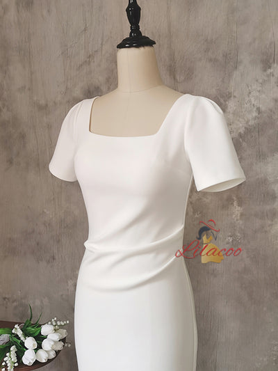 Simple White Short Sleeve Pleats Wedding Dress