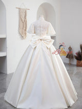 Ivory White Satin High Neck Wedding Dress