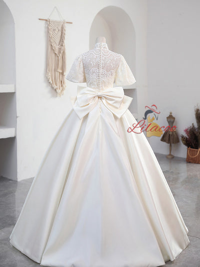 Ivory White Satin High Neck Wedding Dress