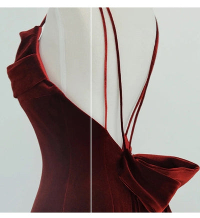 Burgundy Velvet Straps Backless Prom Dress