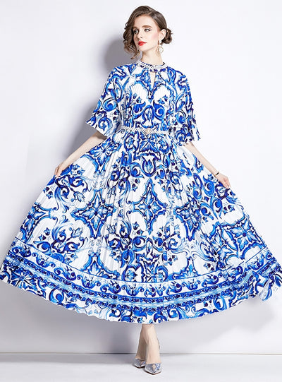 Short-sleeved Beaded Slim Gradient Print Dress