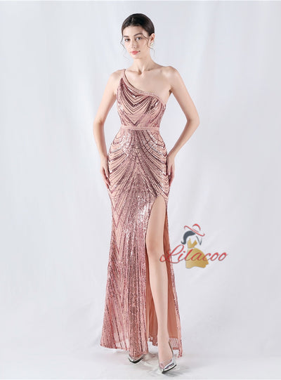 One Shoulder Sequins Beading Prom Dress