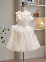Ivory Tulle Sequins Pleats Bow Homecoming Dress
