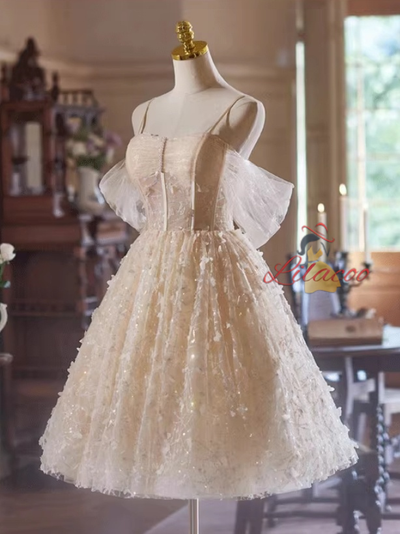 Champagne Tulle Sequins Pleats Homecoming Dress