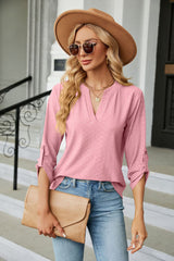 Solid Color V-neck Button Loose T-shirt