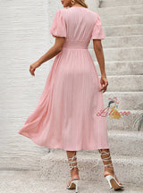 Pink V-neck Short Sleeve Button Dress