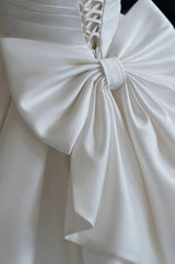 White Satin Puff Sleeve V-neck Wedding Dress