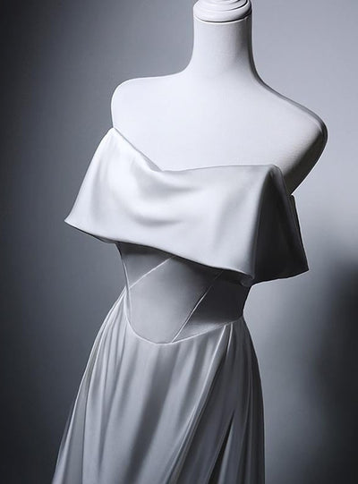 A-Line White Satin Off the Shoulder Wedding Dress