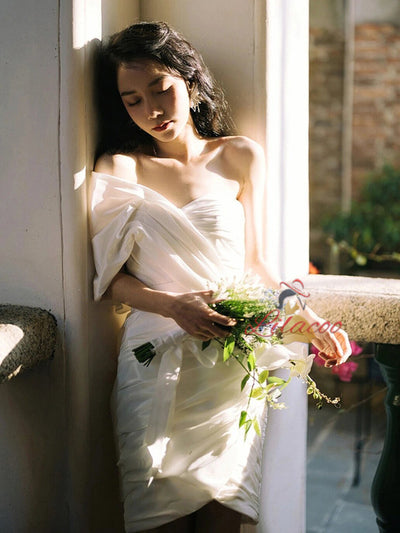 White Satin Pleats Short Wedding Dress